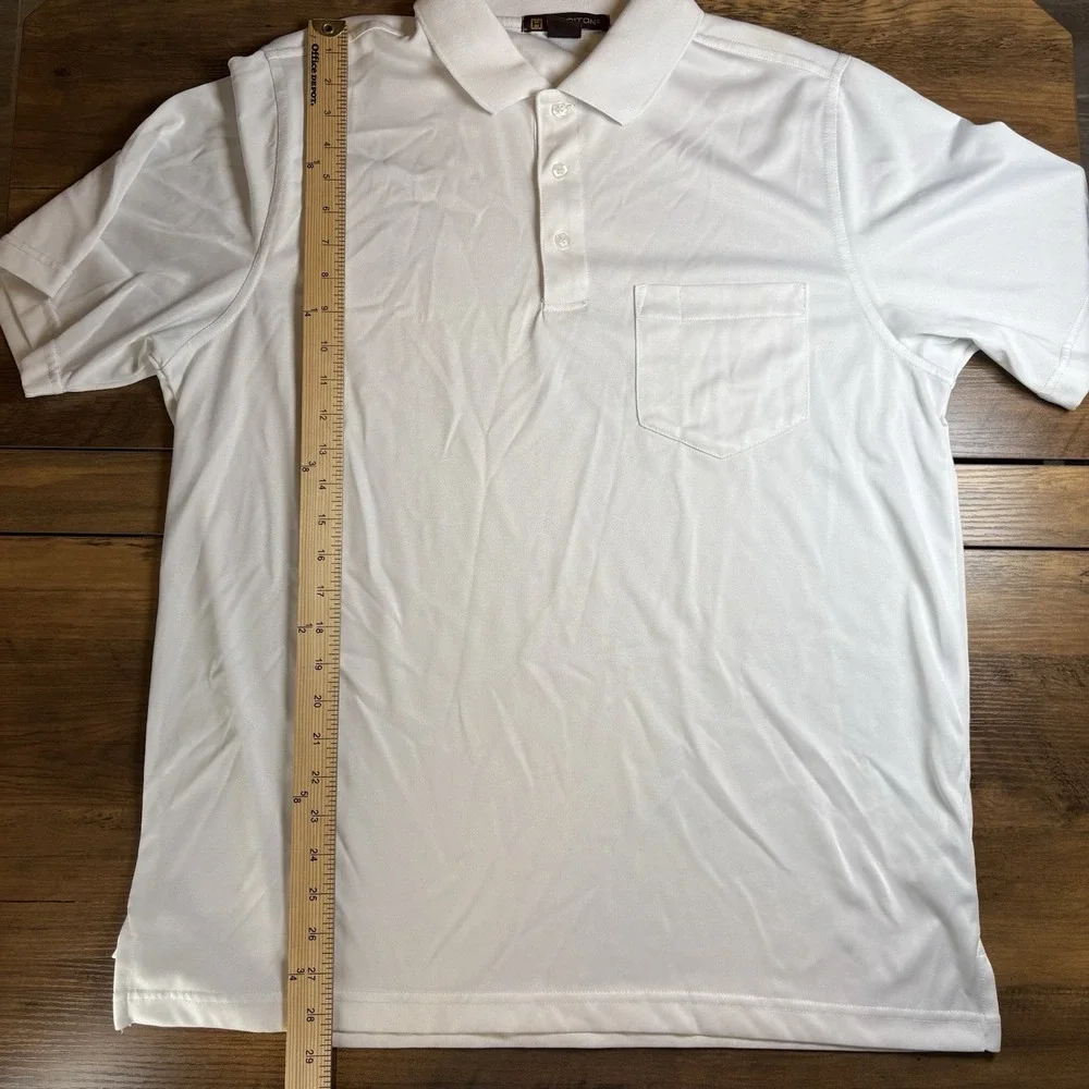 Harriton Mens L White Polo Shirt Business Casual Golf Core Polyester Pocket